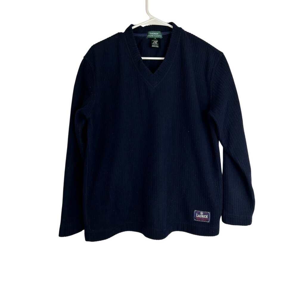 Lauren Ralph Lauren Mens Navy Blue Ribbed V-Neck Long Sleeve Sweater Medium VTG